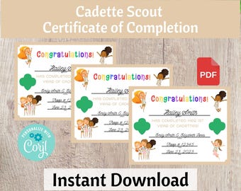 Cadette Scout 1e, 2e en 3e jaar certificaat van voltooiing, inhuldigingscertificaat - afdrukbare directe download | #101