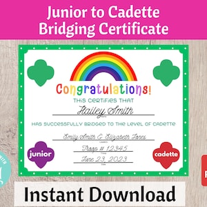 Junior to Cadette Bridging Certificate Scouts Bridging Ceremony Printable Troop Leader Resource Instant Download | #101
