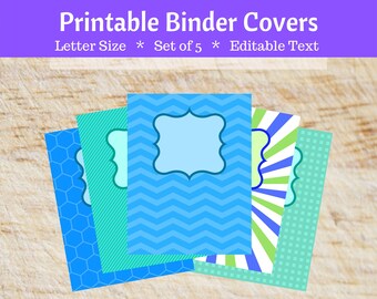 May include: Set of five printable binder covers in blue, green, and white with geometric patterns. The covers are letter size and have editable text.