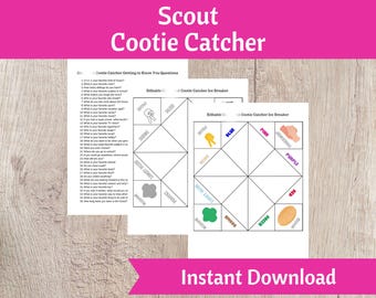 May include: Two printable cootie catchers, one with questions to get to know someone and the other with icebreaker prompts. The cootie catchers are black and white with colorful accents.
