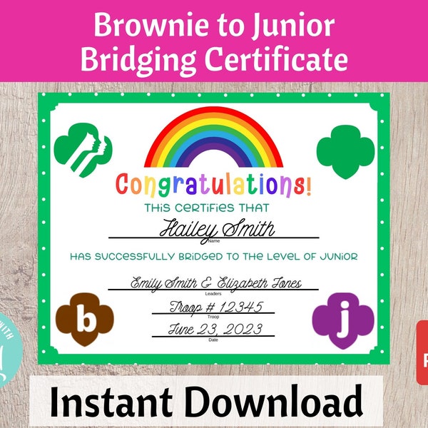 Brownie to Junior Bridging Certificate Girls Scouts Bridging Ceremony Printable Troop Leader Resource Instant Download | #101