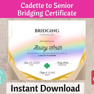 Cadette to Senior Bridging Certificate Scouts Bridging Ceremony Printable Troop Leader Resource Instant Download | #102