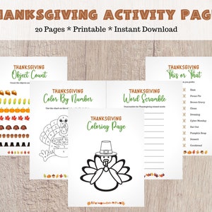 以下が含まれることがあります： 子供向けの印刷可能な感謝祭アクティビティページのセット。ページには、七面鳥の塗り絵、単語スクランブル、番号による塗り絵、オブジェクトカウントアクティビティ、および「これかあれか」ゲームが含まれています。