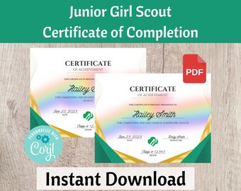 Junior Girl Scout 1st and 2nd Year Certificate of Completion, Investiture Certificate - Printable Instant Download | #102