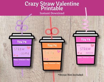 Printable Classroom Valentine's Day Cards for Kids | Crazy Straw Valentine | Printable Valentine Tag| Non Candy Valentine