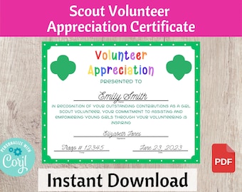 Volunteer Appreciation Certificate - Scouts Bridging Ceremony - Printable Instant Download | #101