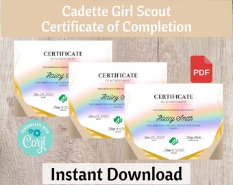 Cadette Girl Scout 1st, 2nd, and 3rd Year Certificate of Completion, Investiture Certificate - Printable Instant Download | #102