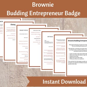 Puede incluir: Una guía imprimible para las Girl Scouts Brownie para obtener la insignia de Emprendedora en ciernes. La guía incluye cinco actividades para ayudar a las niñas a aprender a idear una idea, compartir su idea, obtener comentarios, mejorar su idea y presentar su idea. Las actividades se dividen en una reunión para que las niñas puedan responder a los comentarios y prepararse para presentar su idea.