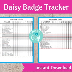 May include: A printable Daisy Badge Tracker for Girl Scouts. The tracker is divided into two columns, each with a list of badges and a grid for checking off the badges earned. The text "Troop # 12345 Year 2023-2024" is at the top of each column.