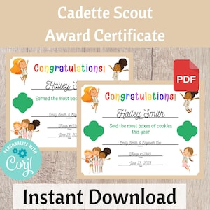 Cadette Scout Award Certificate, Bridging Ceremony Certificate Leader Resource - Printable Instant Download | #101
