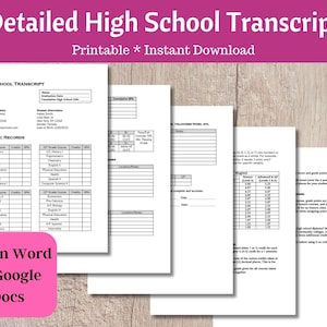May include: A stack of white paper documents with the text "Detailed High School Transcript" in a pink banner. The documents include academic records and school information. The text "Edit in Word or Google Docs" is on a pink square.