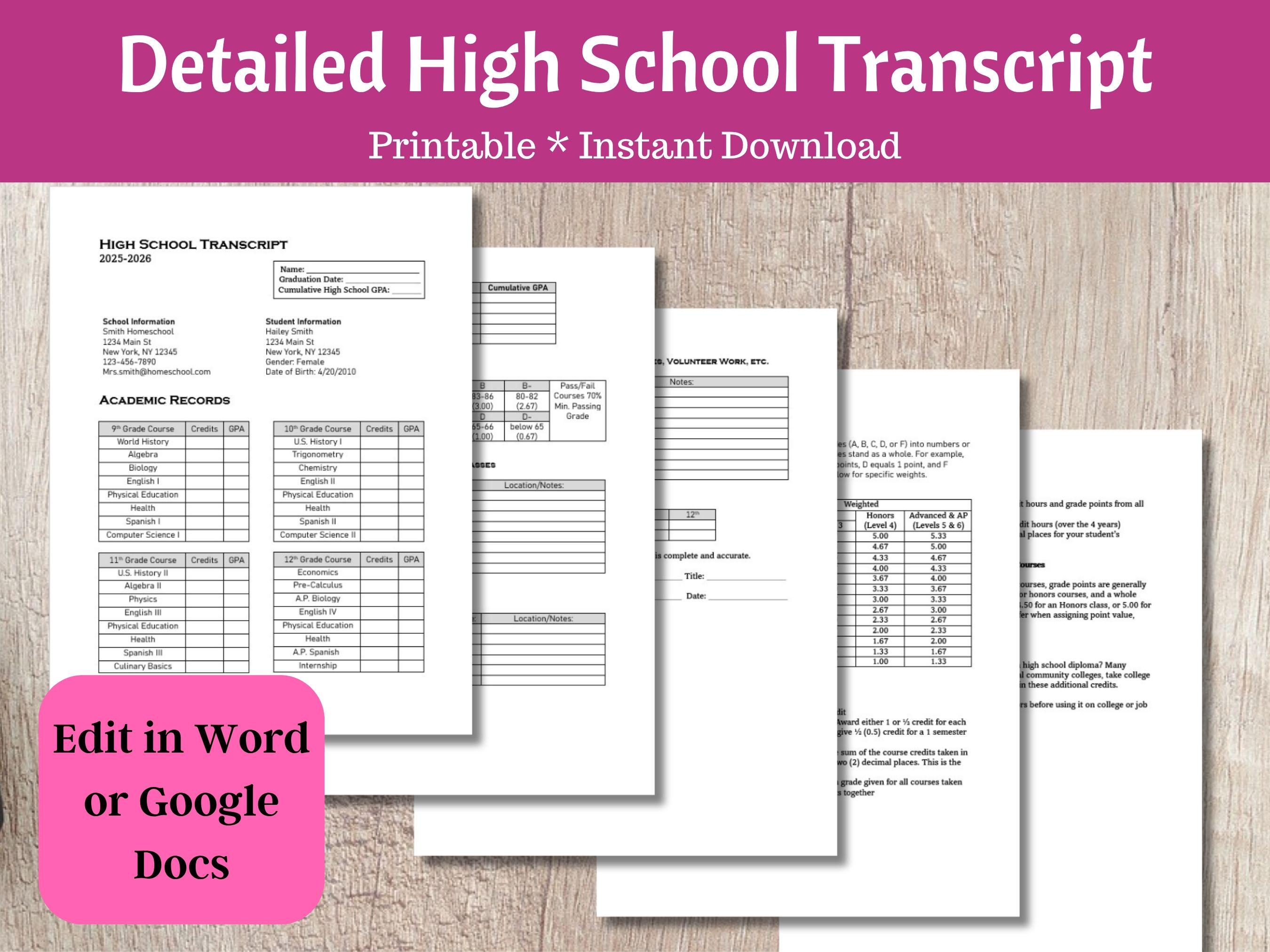 Detailed High School Transcript Template for Homeschool Printable ...
