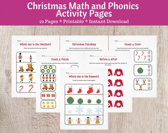 Puede incluir: Páginas de actividades imprimibles con temática navideña para matemáticas y fonética. Las páginas presentan varios ejercicios, incluyendo emparejar, contar e identificar los objetos más pequeños y más grandes. El título dice "Christmas Math and Phonics Activity Pages".