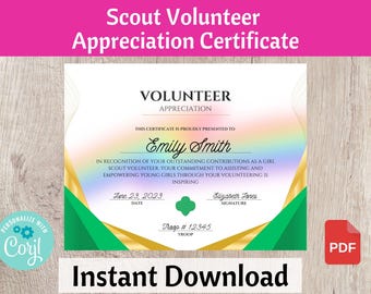 Volunteer Appreciation Certificate - Scouts Bridging Ceremony - Printable Instant Download | #102