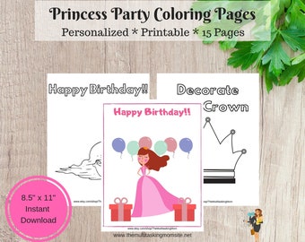 May include: A printable set of 15 coloring pages featuring a princess theme. The pages include a princess with a crown, balloons, and a birthday cake. The pages are 8.5 inches by 11 inches.
