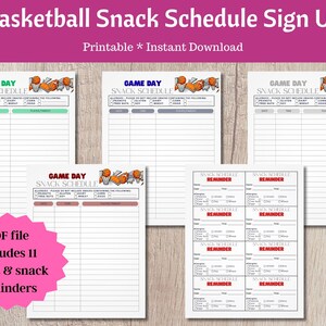 Peut inclure: Plusieurs feuilles imprimables pour l'inscription au programme de collations de basket-ball, en différentes couleurs. Les feuilles comprennent des sections pour les dates, les heures et les collations prévues, avec des rappels d'allergies.