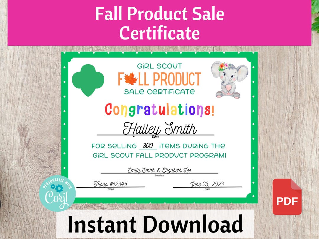 Girl Scout Fall Product Sale Certificate Printable Troop Leader ...