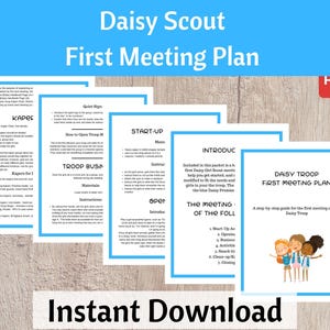 May include: A printable PDF guide for the first meeting of a Daisy Scout troop. The guide includes a step-by-step plan for the meeting, including activities, opening and closing ceremonies, and a troop business section. The cover features a colorful illustration of three girls wearing Daisy Scout uniforms.