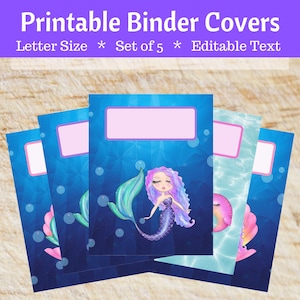Mermaid Printable Binder Covers for School Editable Home Office Binder Organization Instant Download