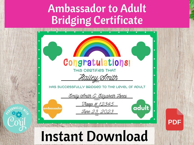 Ambassador to Adult Bridging Certificate Scouts Bridging Ceremony Printable Troop Leader ...