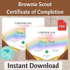 Brownie Girl Scout 1st and 2nd Year Certificate of Completion, Investiture Certificate - Printable Instant Download | #102