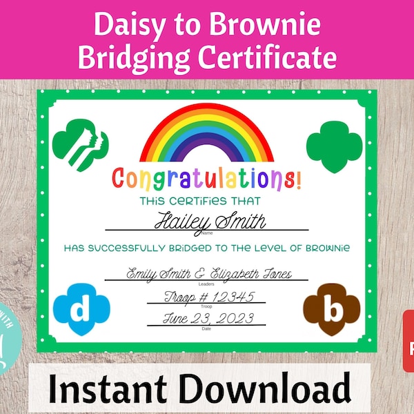 Daisy to Brownie Bridging Certificate Girls Scouts Bridging Ceremony Printable Troop Leader Resource Instant Download | #101