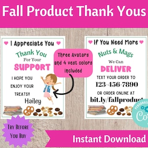 May include: Two digital thank you cards with a fall theme. The first card says "I Appreciate You" and features a cartoon girl with a vest and a pile of nuts and magazines. The second card says "If You Need More" and features a pile of nuts and magazines with the text "Nuts & Mags We Can Deliver".