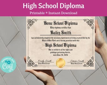 Homeschool Diploma Printable High School Home School Graduation Certificate Template, Editable Instant Download Digital File