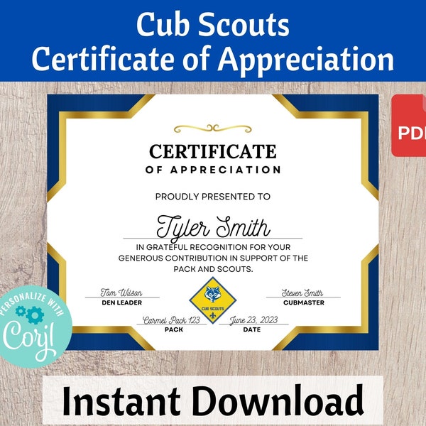 Cub Scout Certificate of Appreciation Leader Appreciation - Blue and Gold Ceremony Printable Pack Leader Resource Instant Download