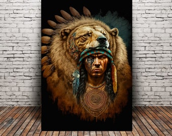 Spirit Of The Bear, Native American  Art Print or Canvas. Indigenous culture, Bear headdress, Bear Art, Tribal Spirits Art