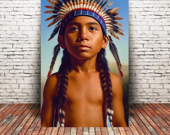 Native American Boy Art Print or Canvas, Long Haired Boy  Native Pride, Art For Child's Room, #nativeamericanheritagemonth