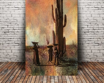 Native American Art Print or Premium Canvas Wrap of 'Saguaro Cactus'. Native American Indian women, Sonora, Mexico, Indigenous people