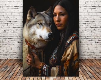 Wolf & Native American Woman, Art Print or Canvas, Native American Art, Wolf Art, Tribal Art.