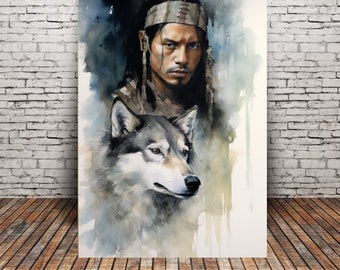 Wolf and Native American Art, First nations, Fine art Print or Canvas Wrap. Indigenous, wolf art, wolf lover, spiritual art.