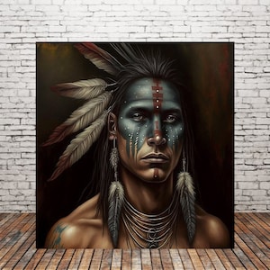 The Painted Warrior Native American Art Print or Canvas. Native American, warrior, war bonnet, medicine man nativeamericanheritagemonth image 1
