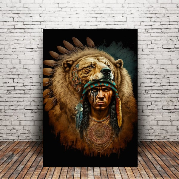 Spirit Of The Bear, Native American  Art Print or Canvas. Indigenous culture, Bear headdress, Bear Art, Tribal Spirits Art