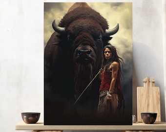 Native American Woman with Buffalo Art print or Canvas. Warrior Woman, Bison Hunt #nativeamericanheritagemonth