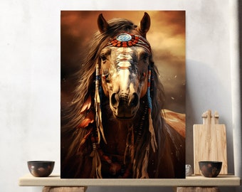 War Horse, native American Painted Horse Art Print or Canvas Wrap. Native American Culture, Warrior, Indigenous Art