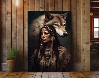 NEW! Wolf & Native American Woman, wolf Spirit Art Print or Canvas, Native American Art, Wolf Art, Tribal Art.