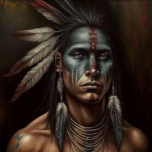The Painted Warrior Native American Art Print or Canvas. Native American, warrior, war bonnet, medicine man nativeamericanheritagemonth image 2