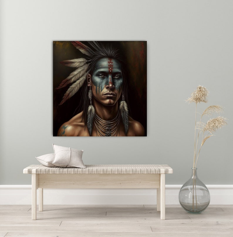 The Painted Warrior Native American Art Print or Canvas. Native American, warrior, war bonnet, medicine man nativeamericanheritagemonth image 4