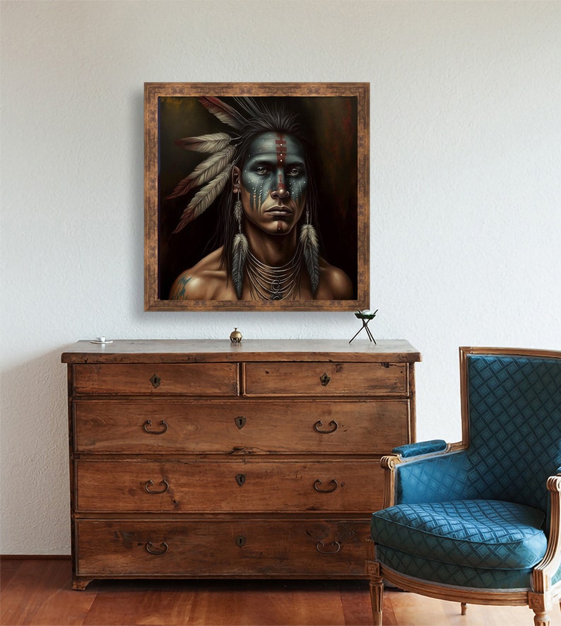 The Painted Warrior Native American Art Print or Canvas. Native American, warrior, war bonnet, medicine man nativeamericanheritagemonth image 7