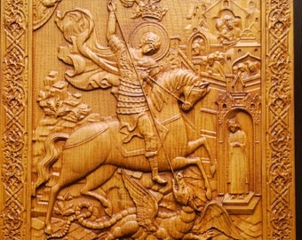 St George and the Dragon Orthodox Icon Wood Carved Home Decor