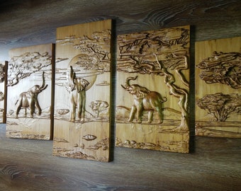 Wood Carve Home Decor Wall  Art five pieces art "Africa Elephants"