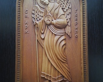 Saint Archangel Gabriel Icon: Wood Carved  Custom Orthodox Home Decor