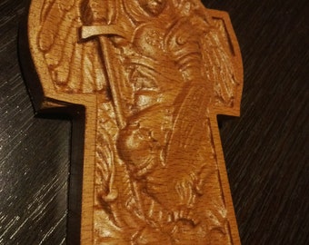 Archangel Michael Wood Carve Cross Christian  4x6''