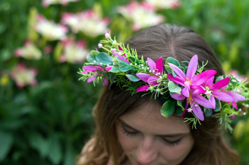 Pink flower crown boutonniere set Wedding set Pink bridesmaid wreath Pink head piece Woodland flower crown Bobo wedding set image 6