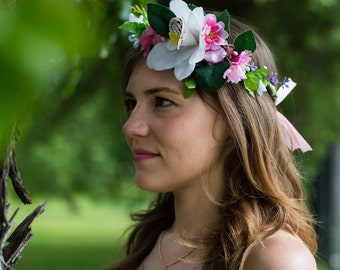 Orchid wreath White bridesmaid crown Flower headpiece Flower head band White pink orchid accessories