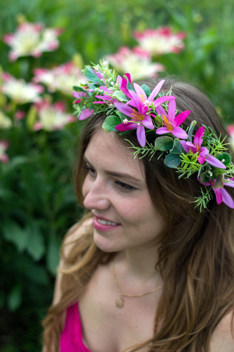 Pink flower crown boutonniere set Wedding set Pink bridesmaid wreath Pink head piece Woodland flower crown Bobo wedding set image 9