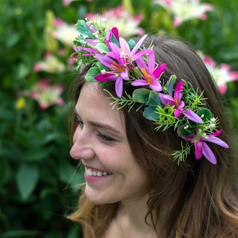 Pink flower crown boutonniere set Wedding set Pink bridesmaid wreath Pink head piece Woodland flower crown Bobo wedding set image 1